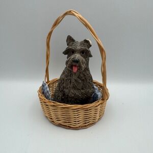 Scottish Terrier Dog‎ Figurine Sitting in Wicker Basket Blue Fabric  Broken Ear